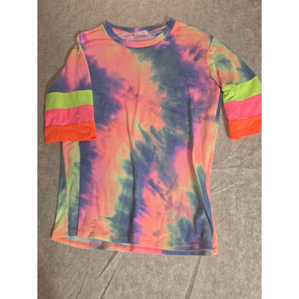 Pink Lily Neon Tie Dye T-Shirt Womens‎ Small 3/4 Sleeve Striped Crew Neck Top